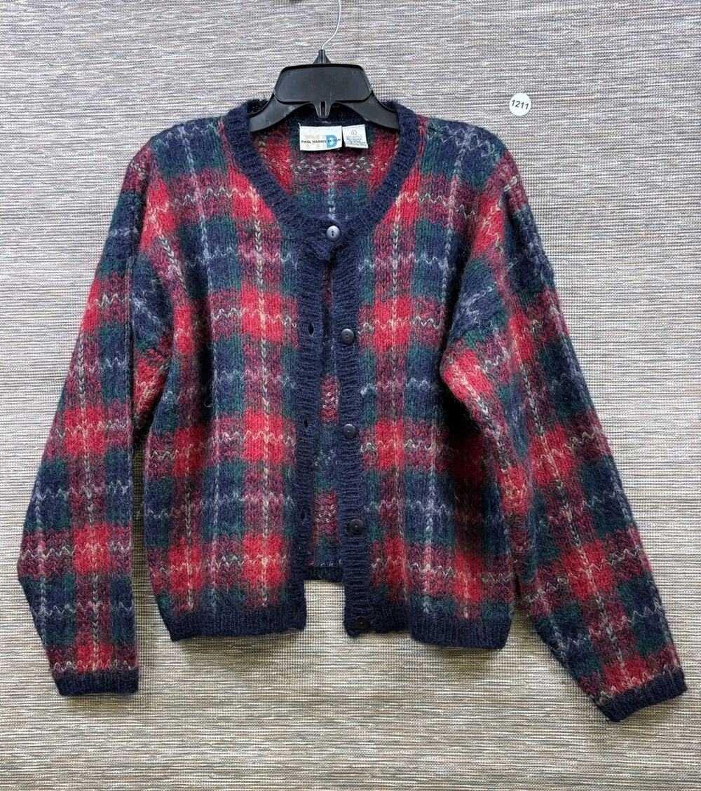 Vintage Paul Harris Design Cardigan Sweater Womens L Plaid Mohair Button Front
